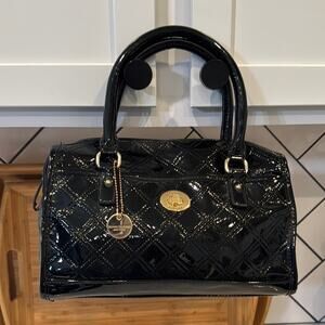 Tommy Hilfiger black quilted patent faux leather bowler satchel black bag